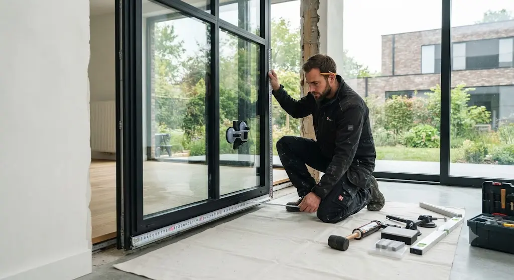 Vitrier professionnel installant un double vitrage sur une fenêtre moderne en Belgique