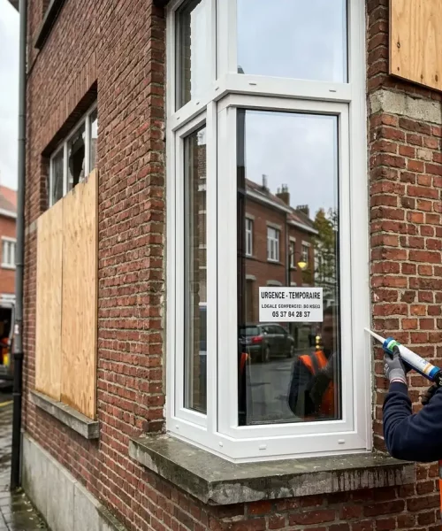 Détail d'un châssis de fenêtre avec double vitrage isolant installé en urgence à Auderghem