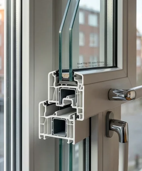 Gros plan sur un châssis de fenêtre en PVC avec double vitrage isolant haute performance