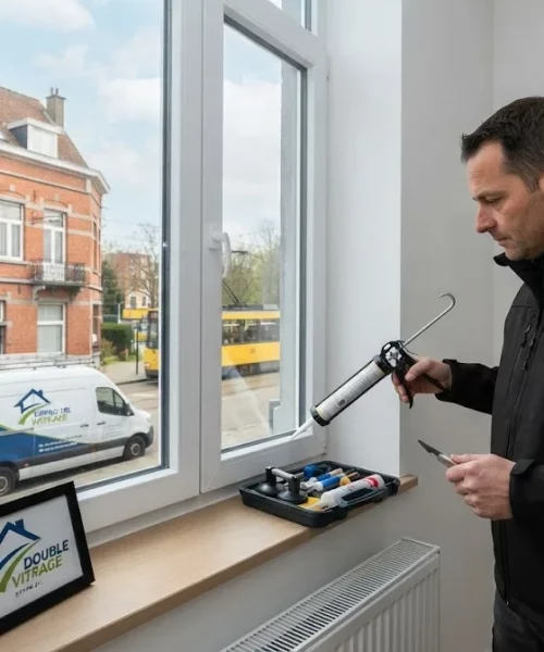 Inspection et pose d'un double vitrage sur châssis de fenêtre PVC isolant à Schaerbeek.