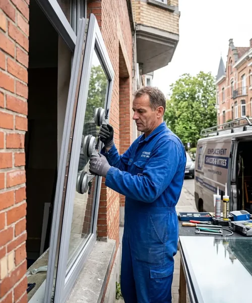 Technicien vitrier professionnel en bleu de travail effectuant le remplacement et l'ajustement d'un vitrage sur châssis à Jette 1090.