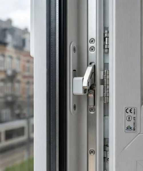 Vue rapprochée de la quincaillerie et du vitrage isolant d'une fenêtre à Bruxelles